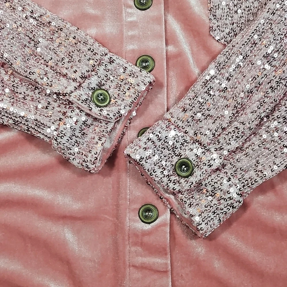 NWT Umgee Rose Pink Velvet Sequin Oversized Long Sleeve Button Down Top Shirt - Picture 11 of 16